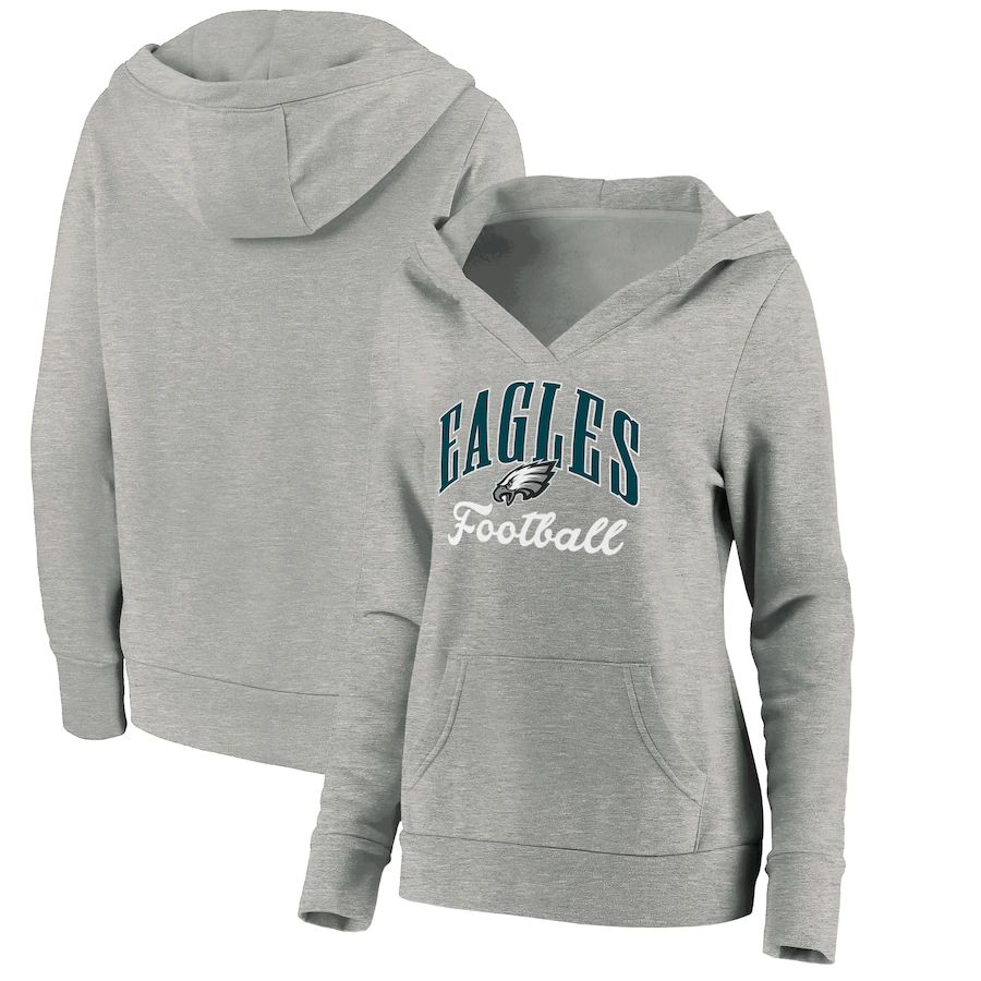 Women Philadelphia Eagles Fanatics Branded Heathered Gray Victory Script V-Neck Pullover Hoodie->women nfl jersey->Women Jersey